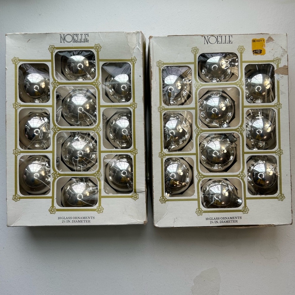 Vintage Noelle silver Christmas tree ornaments boxed set of 10 lot of two USA